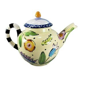 Droll Designs Teapot Tea Pot With Lid Blue Flowers Floral Hand Painted